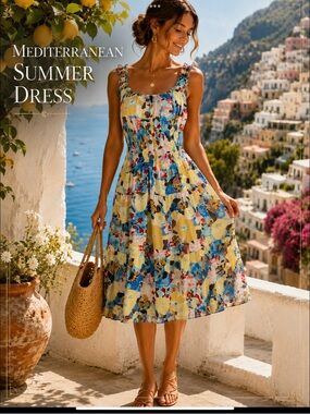 OSTOO Mediterranean Summer Dress Tiered Floral Sundress Resort Vacation Midi S